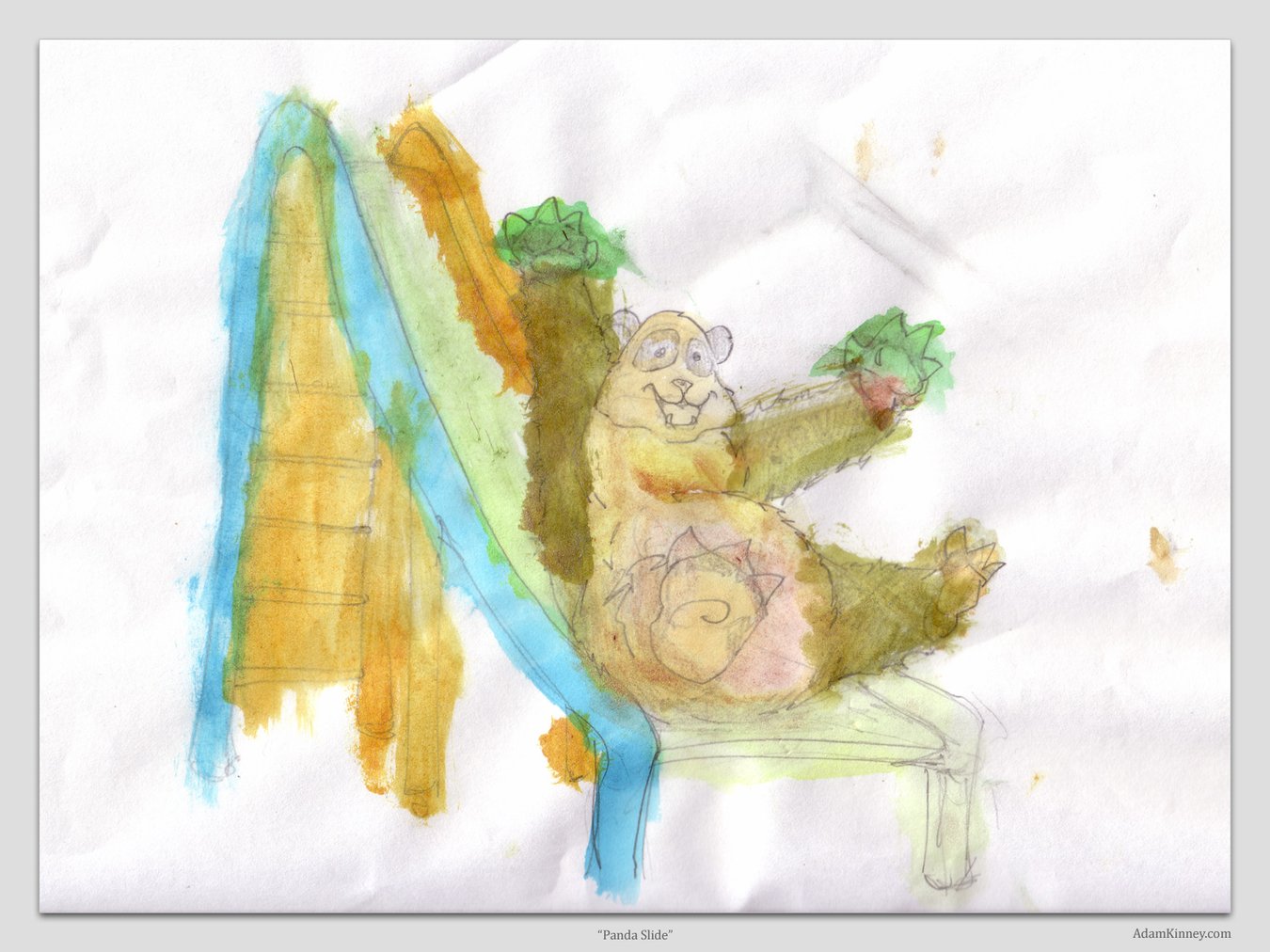 Watercolor painting of a panda going down a slide