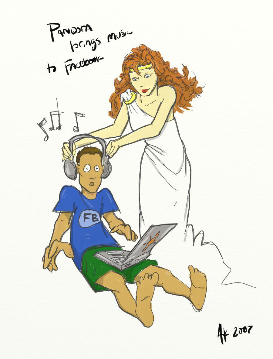 A greek goddess placing headphones on guy using his laptop