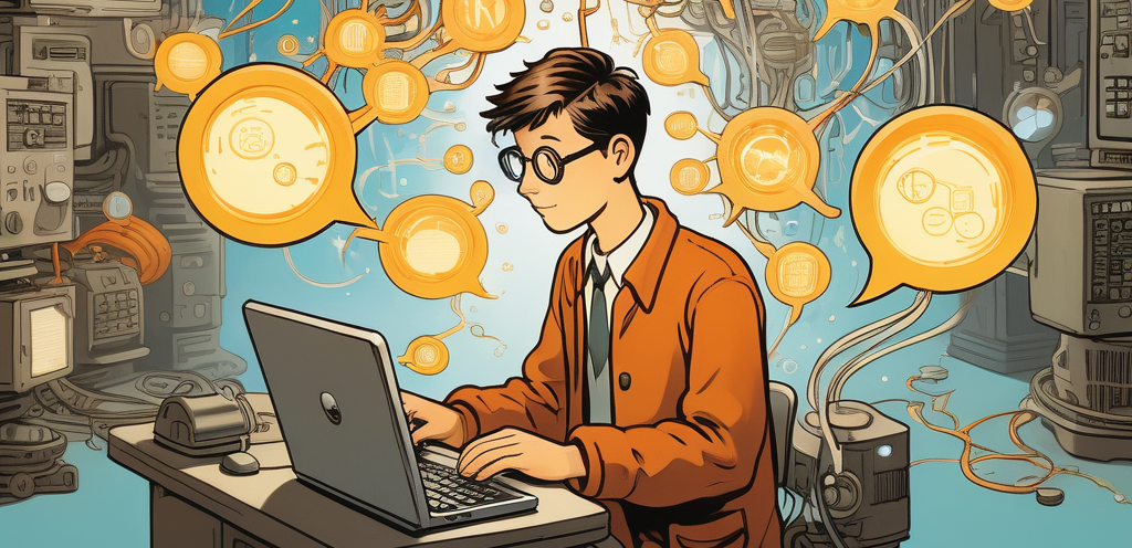 A young programmer looking at a computer surrounded by word bubbles