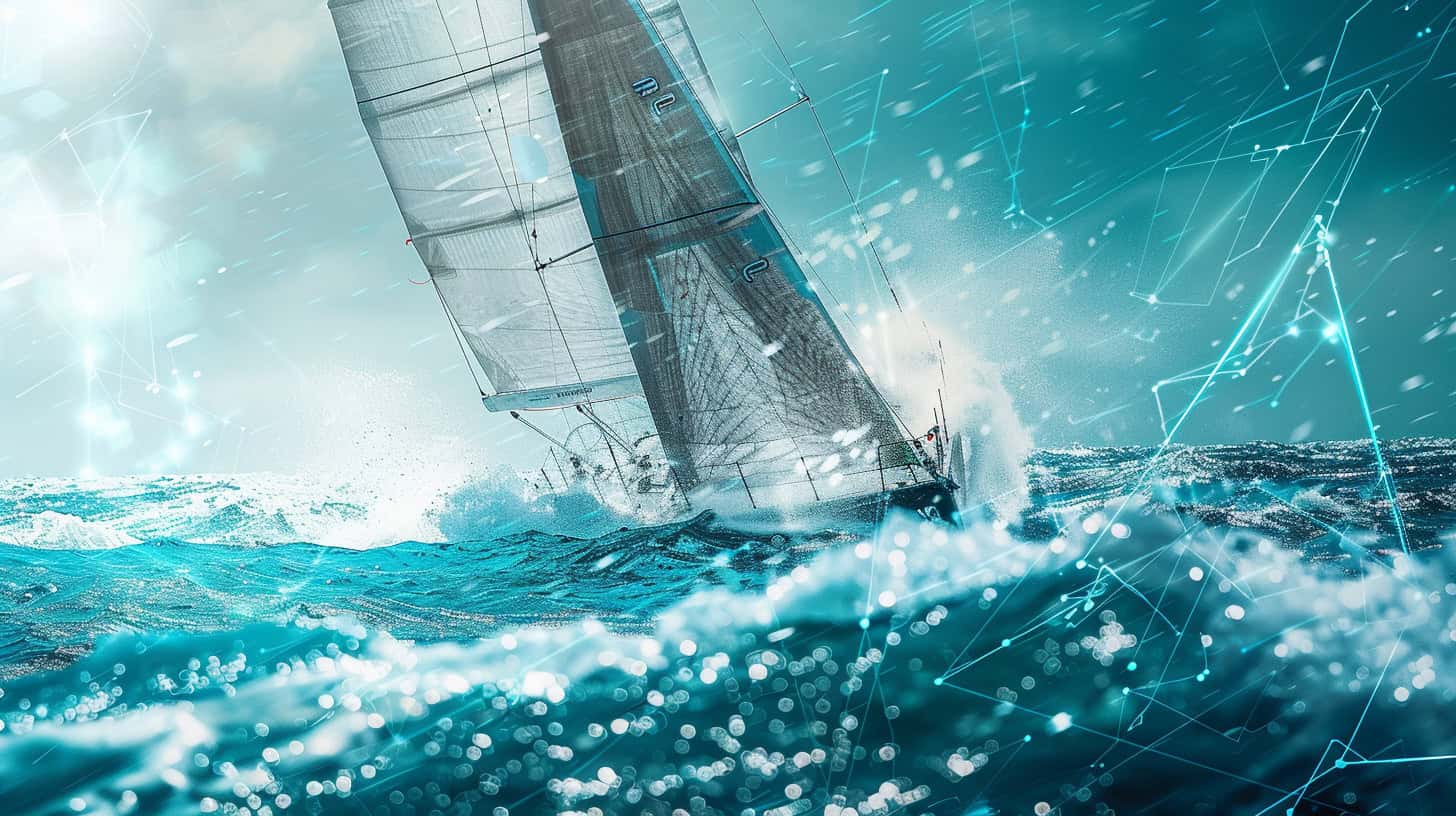 A sailboat surging through ocean spray, symbolizing Evonomics' guidance in exploring the digital landscape and aligning AI strategies with business objectives during the initial "Watch" phase.