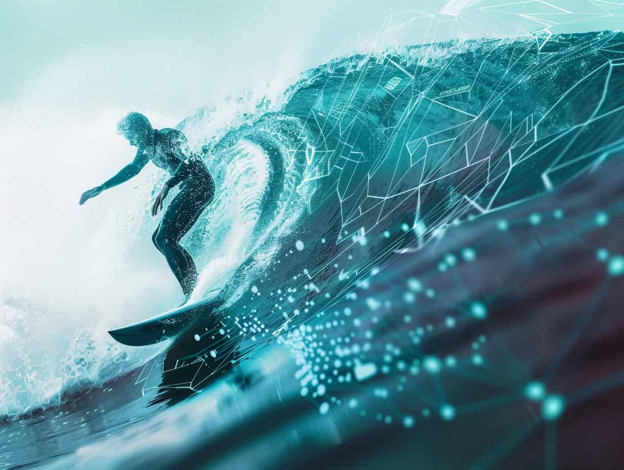 A surfer riding a large wave, symbolizing navigating and mastering digital transformation challenges with AI-driven strategies from Evonomics.