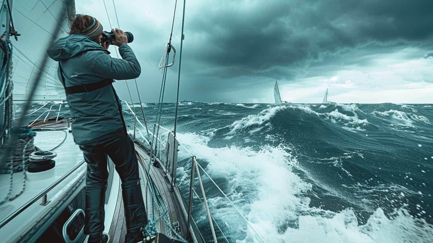 A person standing on the bow of a boat in rough waters, symbolizing the prototyping and strategic evaluation stage of Evonomics' WAVES AI Framework.