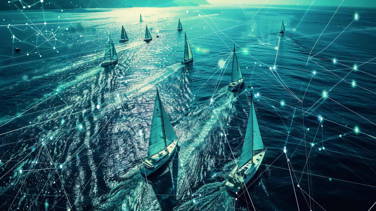 An aerial view of a boat sailing in the open ocean, symbolizing the scaling and broadening of Evonomics' AI solution across the organization.
