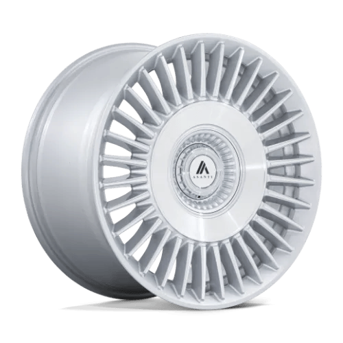 A silver alloy Asanti BMW wheel with a multi-spoke design and a central hub featuring the brand logo.