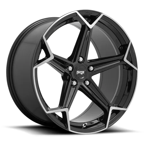 A black alloy car wheel with a five-spoke design, featuring silver accents along the edges of the spokes. The wheel has a sporty appearance with a glossy finish.