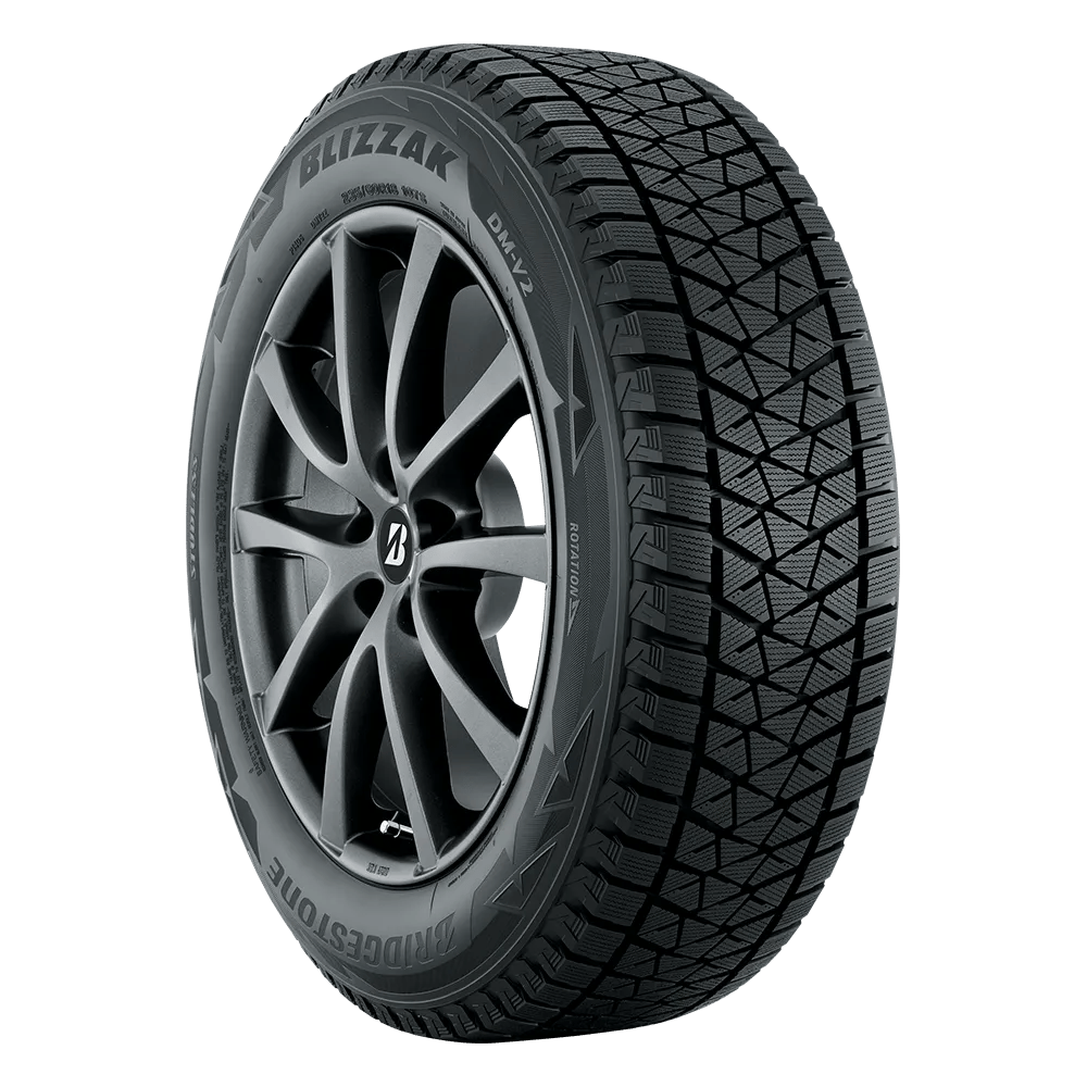 A Bridgestone Blizzak DM-V2 tire with detailed tread patterns and a black alloy wheel rim, designed for winter conditions.