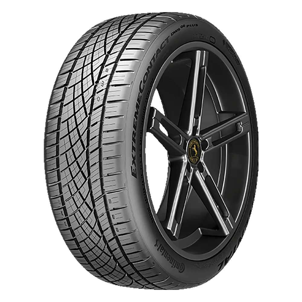 A Continental ExtremeContact DWS 06 PLUS tire with a detailed tread pattern and a black alloy wheel rim.