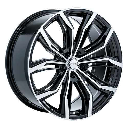 A glossy black and silver alloy wheel by RTX with a complex, multi-spoke design.