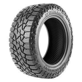 A rugged off-road Venom Power Trail Hunter tire with a deep tread pattern and sidewall branding, designed for all-terrain use.