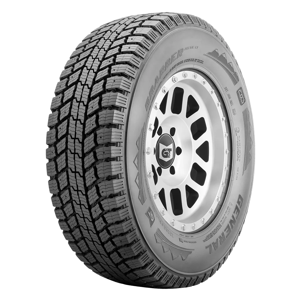 Side and front view of the studdable General GT Grabber Arctic LT tire without studs.