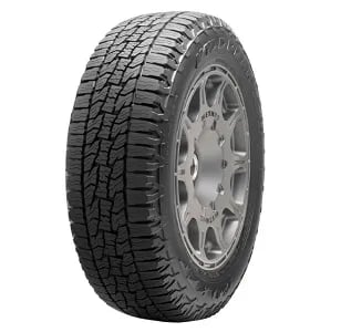 All-terrain vehicle tire with a rugged tread pattern and alloy wheel.
