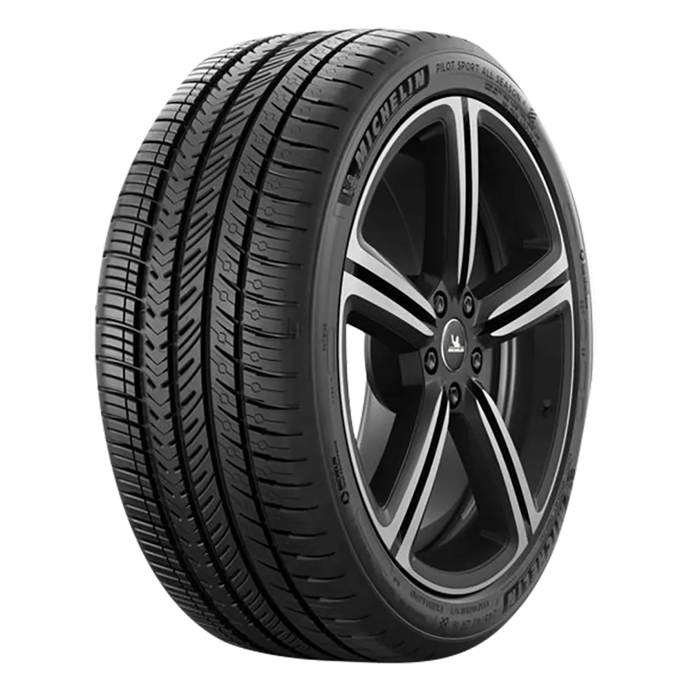 A close-up image of a Michelin tire with a detailed tread pattern and black alloy wheel.