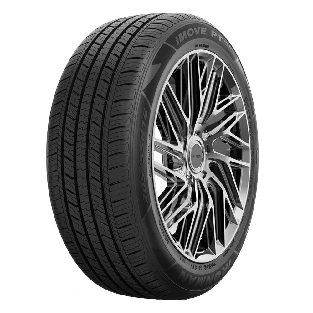 An Ironman iMove PT Plus tire mounted on a 10-spoke split-spoke rim in polished chrome.