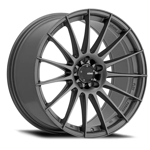 Gray alloy wheel with a multi-spoke design, featuring the brand name in the center.