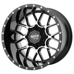 Black and silver alloy wheel with a multi-spoke design and rivet details around the rim.