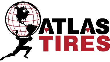 Silhouette of Atlas holding a globe next to the text "ATLAS TIRES" in bold black and red letters.