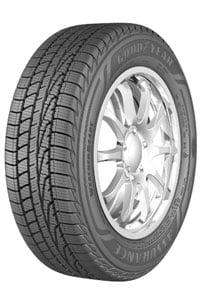 A Goodyear Assurance Weather Ready car tire with a detailed tread pattern and the word "Goodyear" visible on the sidewall.