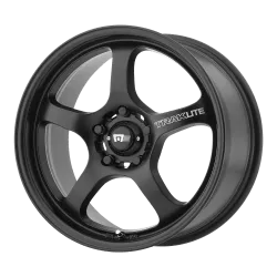 A black five-spoke alloy car wheel with "TRAKLITE" branding on the rim.