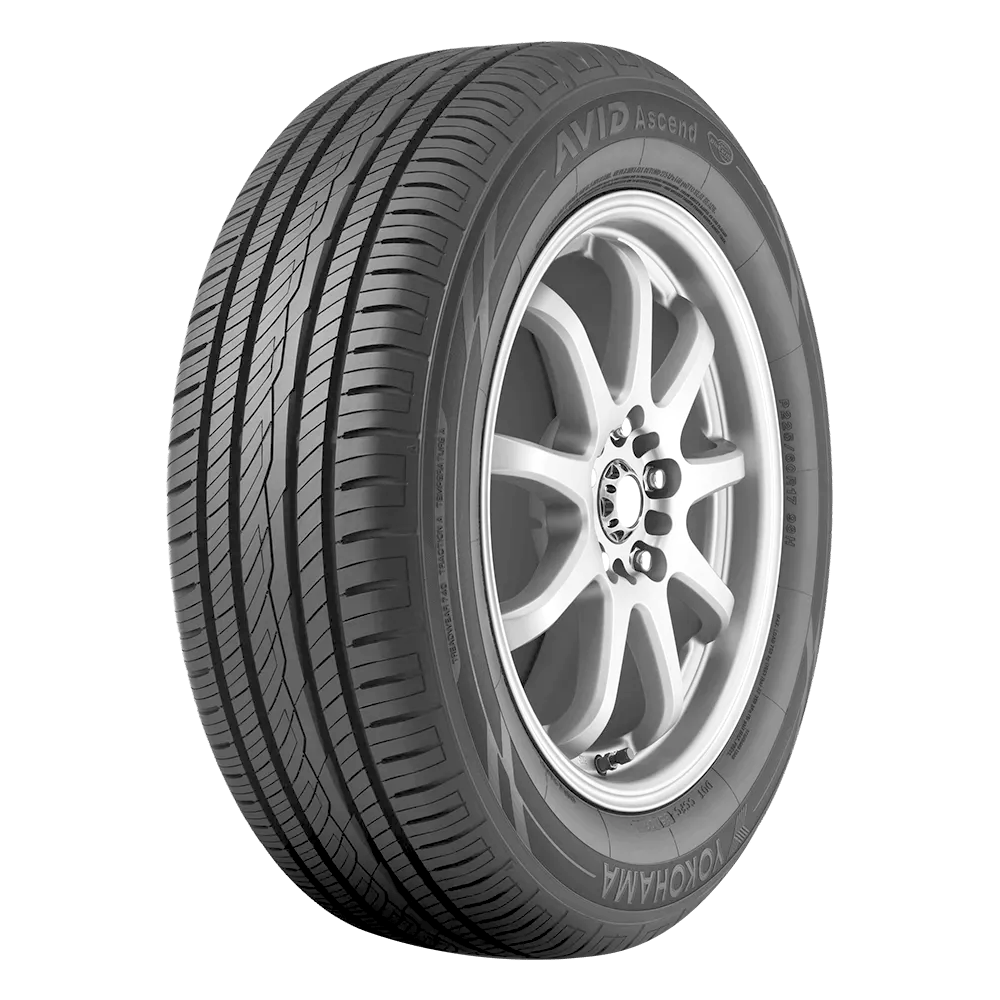 Side front view of an AVID Ascend tire mounted on a silver coated 9-spoke rim.