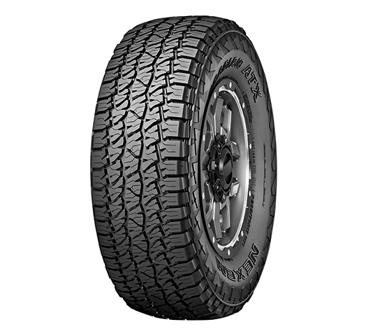 A rugged all-terrain tire with deep treads, designed for off-road and on-road performance.