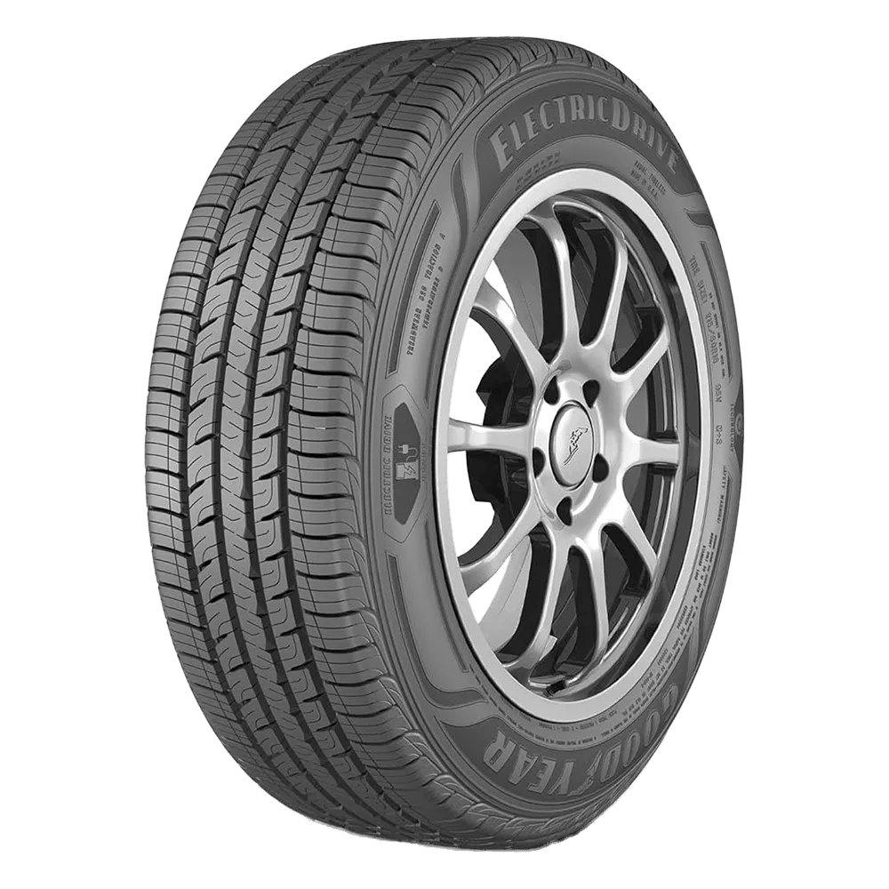 right front view of a goodyear electric drive sct tire mounted on an aluminum alloy wheel for electric vehicles.