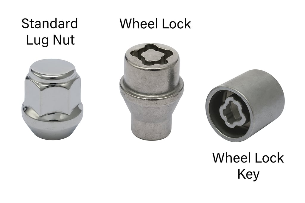 Comparison image showing a standard lug nut, a wheel lock, and a wheel lock key, each labeled accordingly.