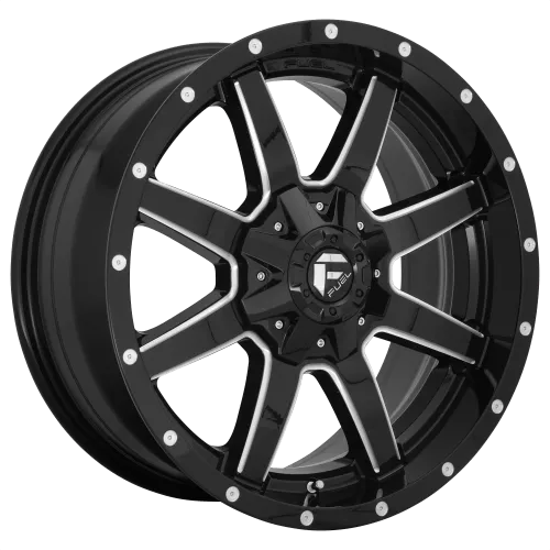 Black alloy wheel by Fuel Off Road with a multi-spoke design and a branded center cap, featuring silver accents around the rim and spokes. 