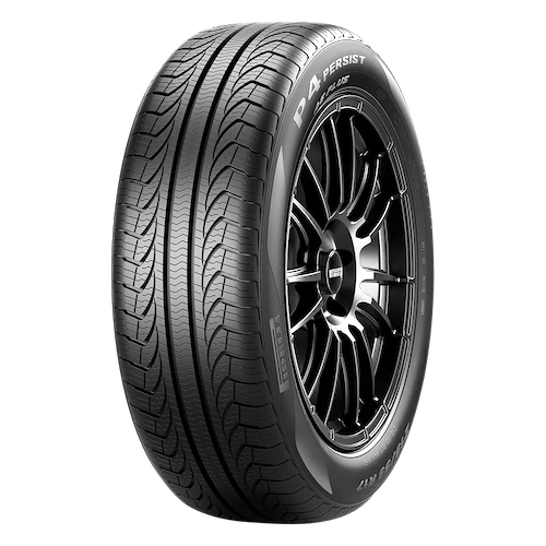 A black Pirelli car tire with a tread pattern and silver alloy wheel, labeled 'P4 Persist' on the sidewall.