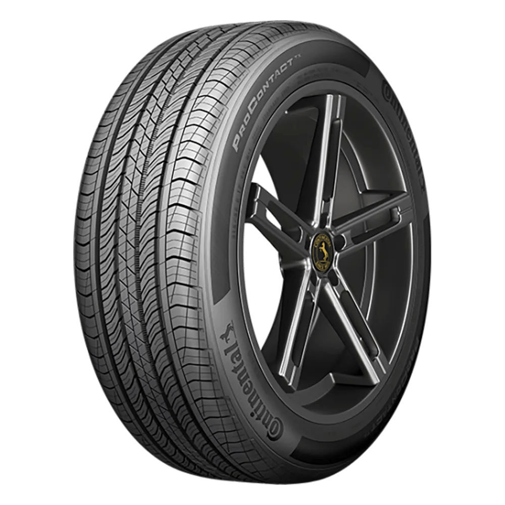 A Continental ProContact tire mounted on a five-spoke black wheel.