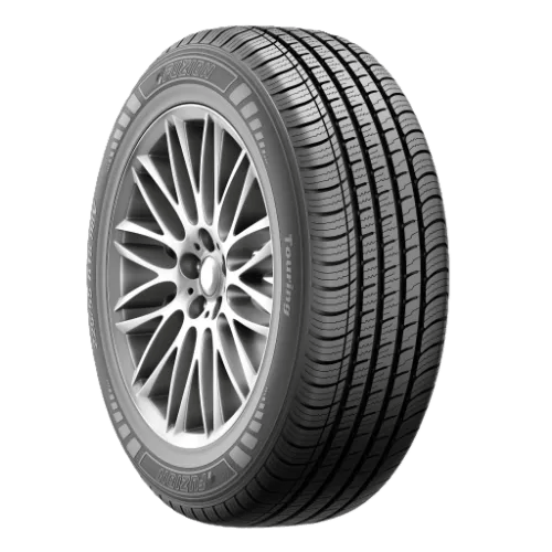 A car tire with a silver alloy wheel and a detailed tread pattern.