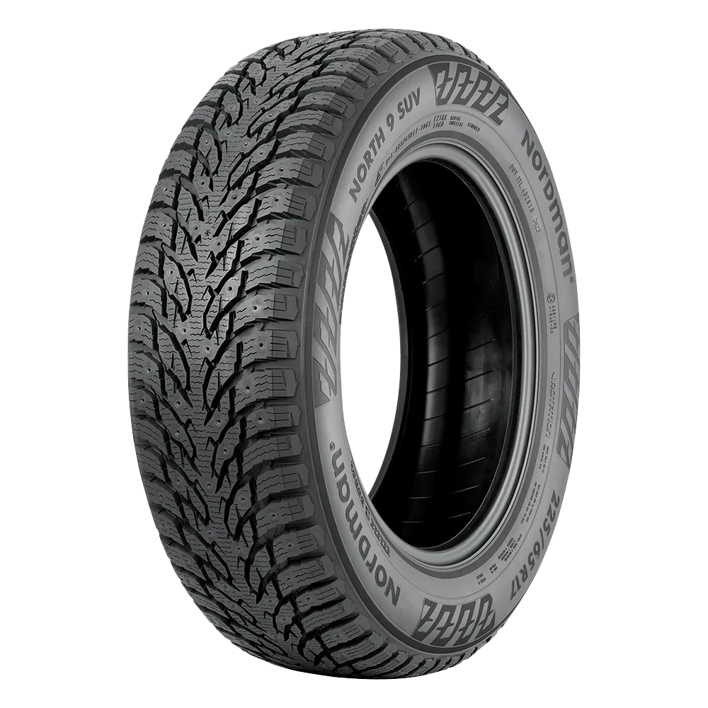 Side and front view of a Nokian North 9 SUV tire without winter studs