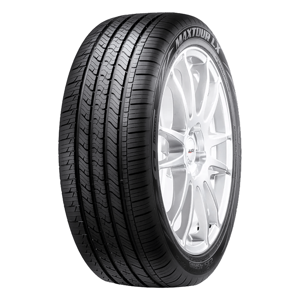 A black GT Radial tire with "MAXTOUR LX" branding, mounted on a shiny silver alloy wheel featuring multiple spokes.