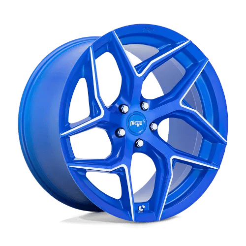 A vibrant blue alloy wheel with five split spokes and a glossy finish, featuring 'Niche' branding at the center.