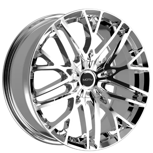 A chrome car wheel rim with a complex, multi-spoke design and a central cap labeled "MOTIV."