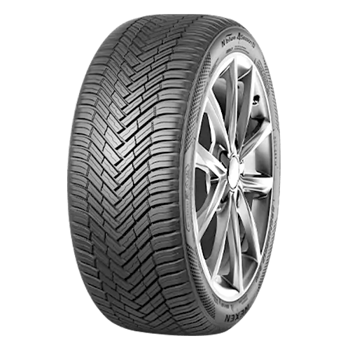 A Nexen car tire with a modern tread pattern and silver alloy wheel.