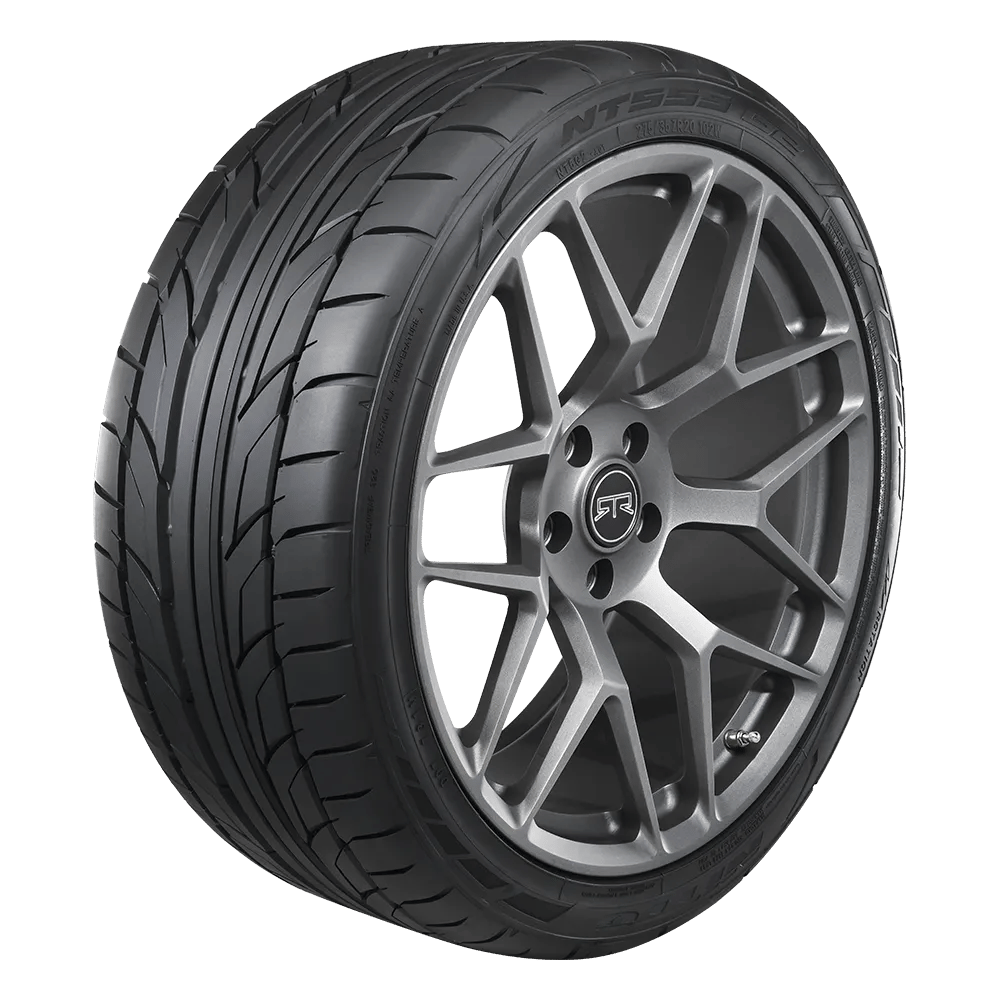 side view of a nitto summer tire mounted on an rtr wheel with liquid charcoal finish for a ford mustang