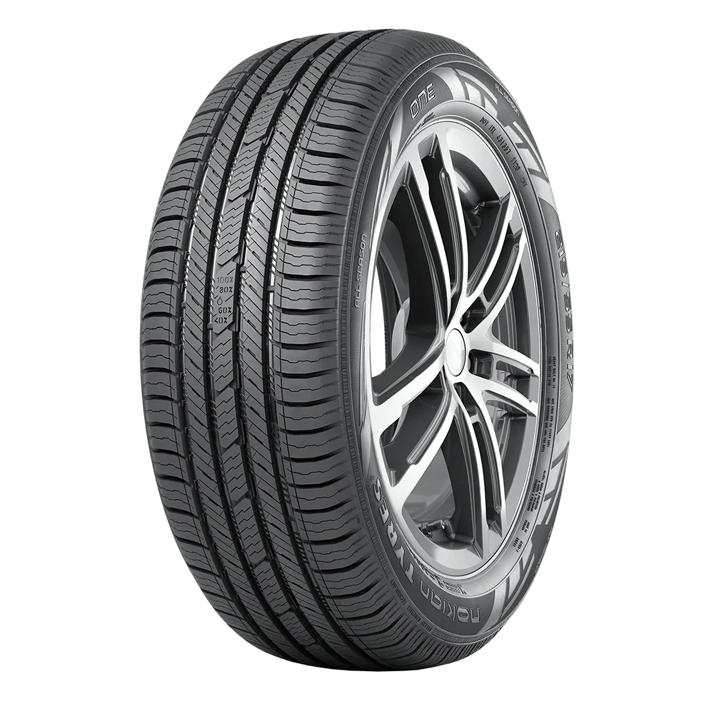 A car tire with a detailed tread pattern and the word "Nokian Tyres" visible on the sidewall.