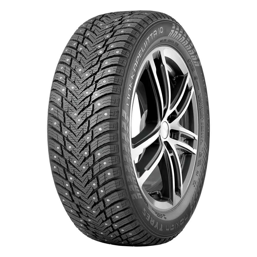 right front view of a hakkapeliitta tire mouned on a rim and fitted with studs for winter driving in an electric vehicle