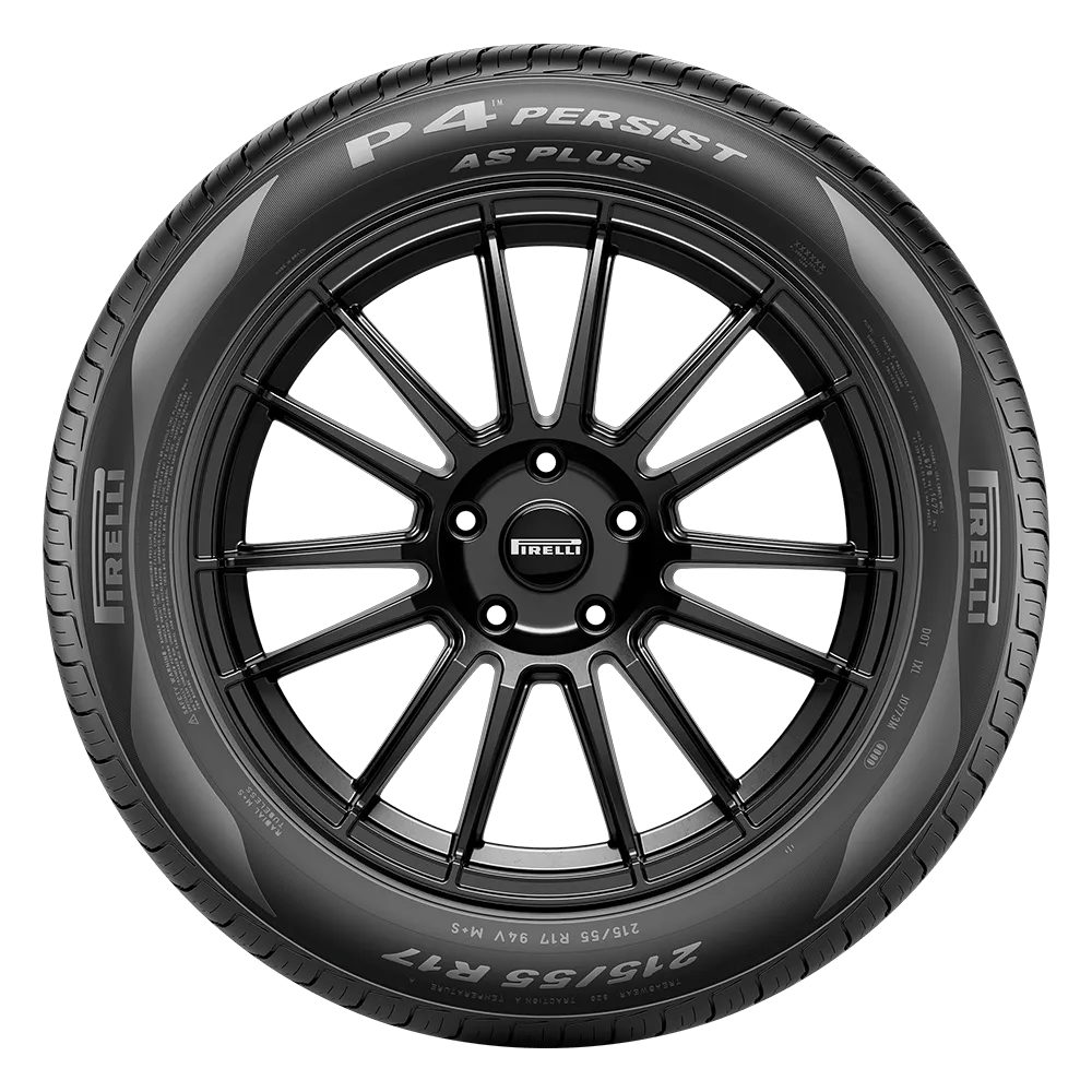A Pirelli P4 Persist AS Plus tire with a black alloy wheel, displaying the tire's tread pattern and branding details.