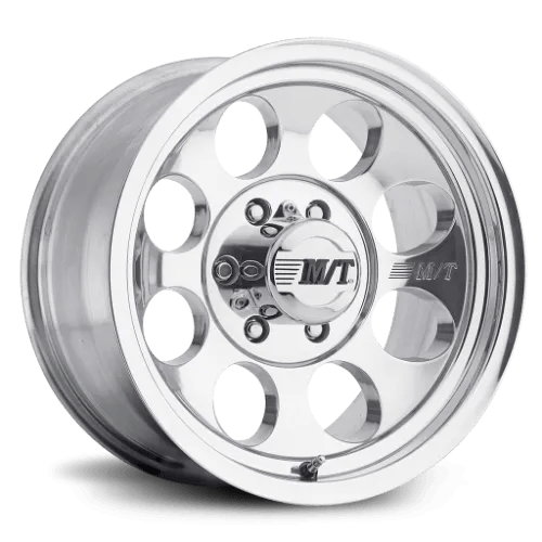 Chrome-finished car wheel rim with a polished surface and multiple circular cutouts.