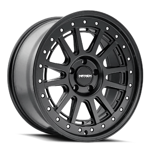 Black alloy wheel with a multi-spoke design and silver rivet accents.