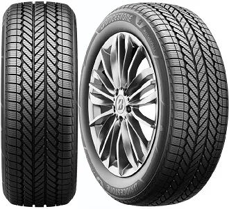 Two Bridgestone tires, one showing the tread pattern and the other mounted on a rim.