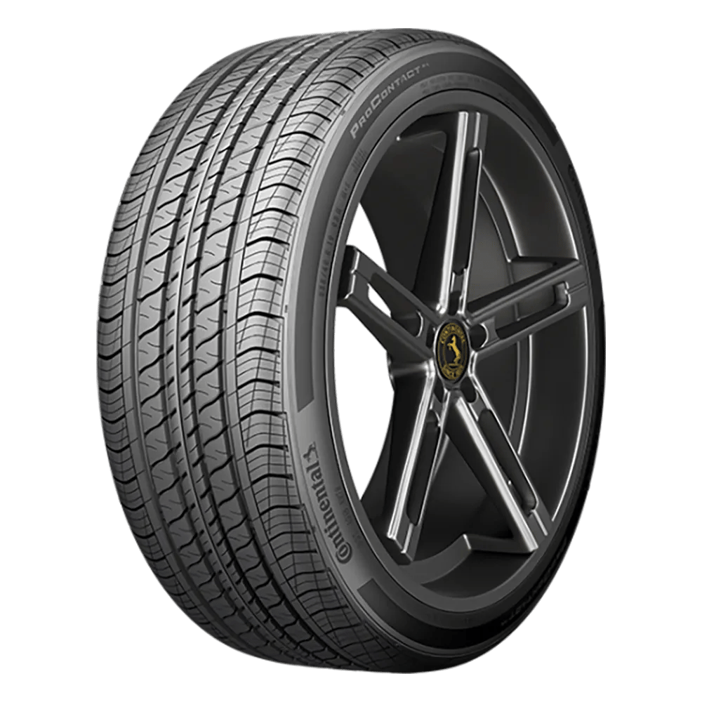 A Continental ProContact tire with a detailed tread pattern and a stylish alloy wheel rim.