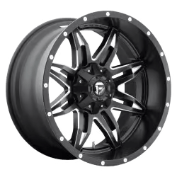 A black metallic car wheel rim with a six-spoke design and small decorative bolts around the edge.