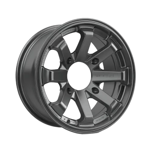 A metallic car alloy wheel with a multi-spoke design and a glossy finish, viewed from an angle.