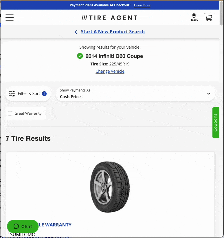 A webpage from Tire Agent showing search results for a 2014 Infiniti Q60 Coupe with tire size 225/45R19, including a list of 7 tire results with an image of a tire and filter options.