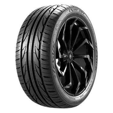 A high-performance car tire with a sleek tread pattern and a black alloy wheel.