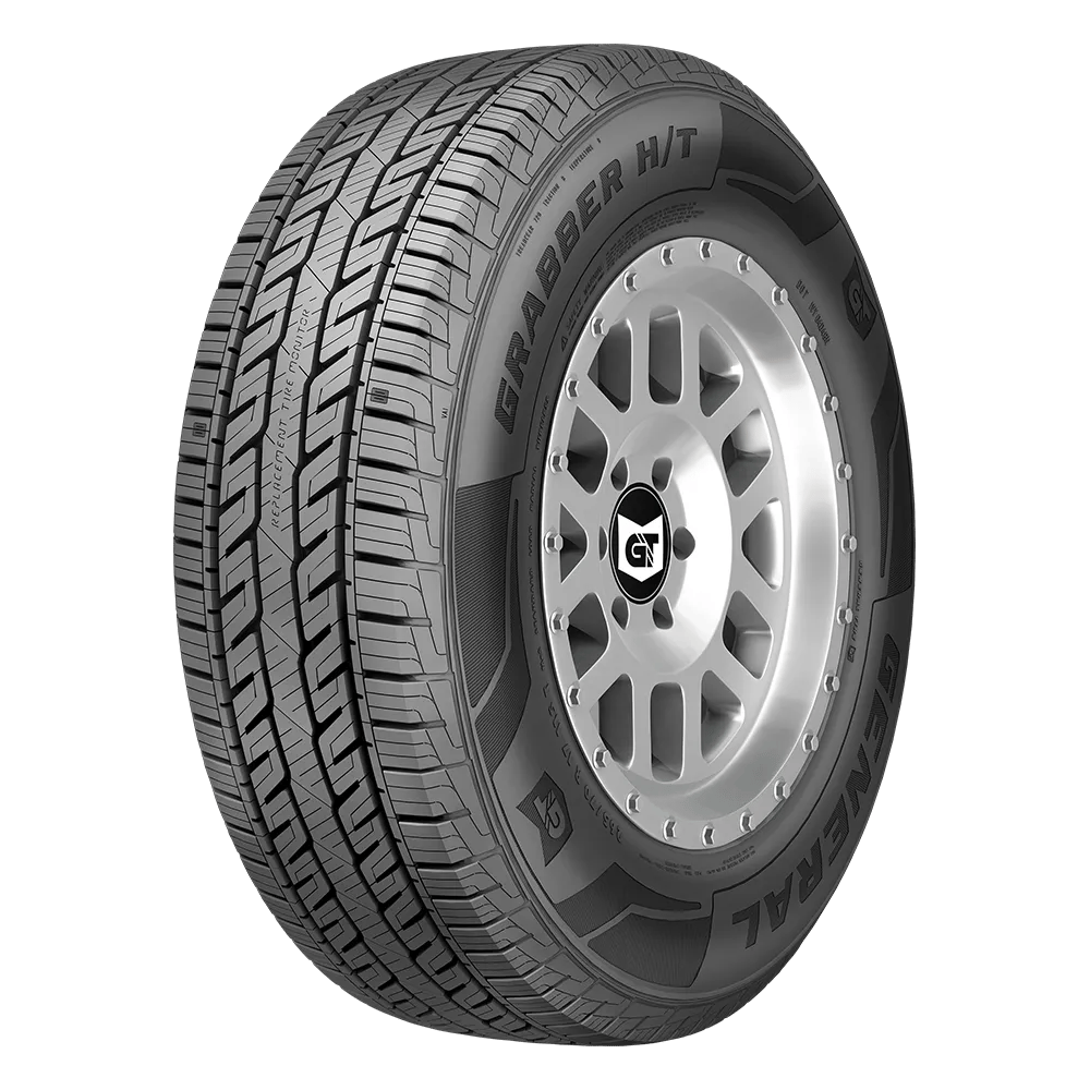A front side view of a General Grabber HT tire mounted on a chrome finished GT rim.