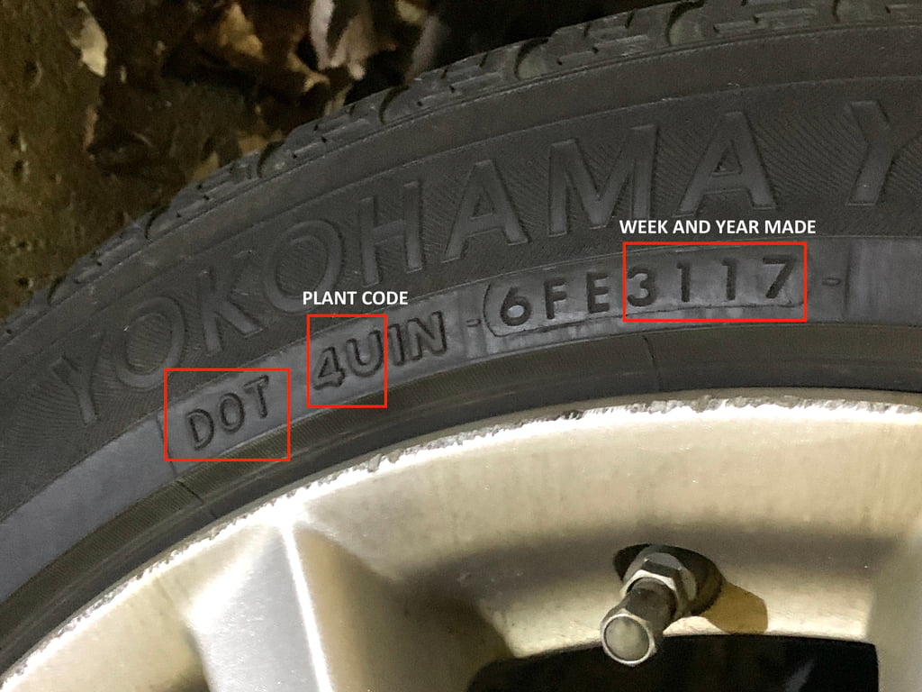 Close-up of a tire with "YOKOHAMA" branding, showing DOT code, plant code "4UN," and production date code "3117," indicating the tire was made in the 31st week of 2017.