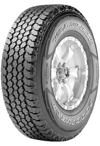 Alt text: A Goodyear Wrangler tire with a rugged tread pattern, mounted on a metallic wheel rim.